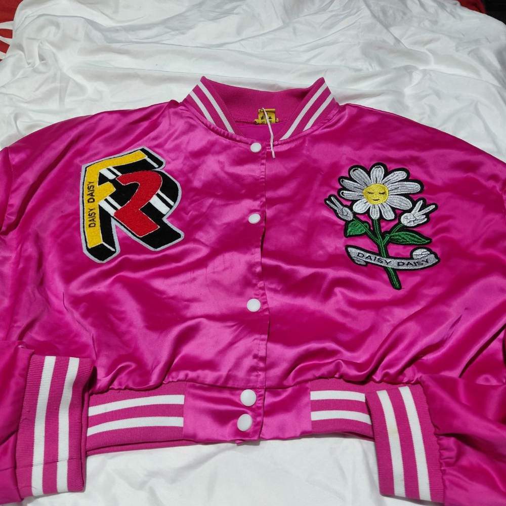 Women's Daisy Pink Varsity Jacket with Daisy Patch 3X - Picture 2 of 5